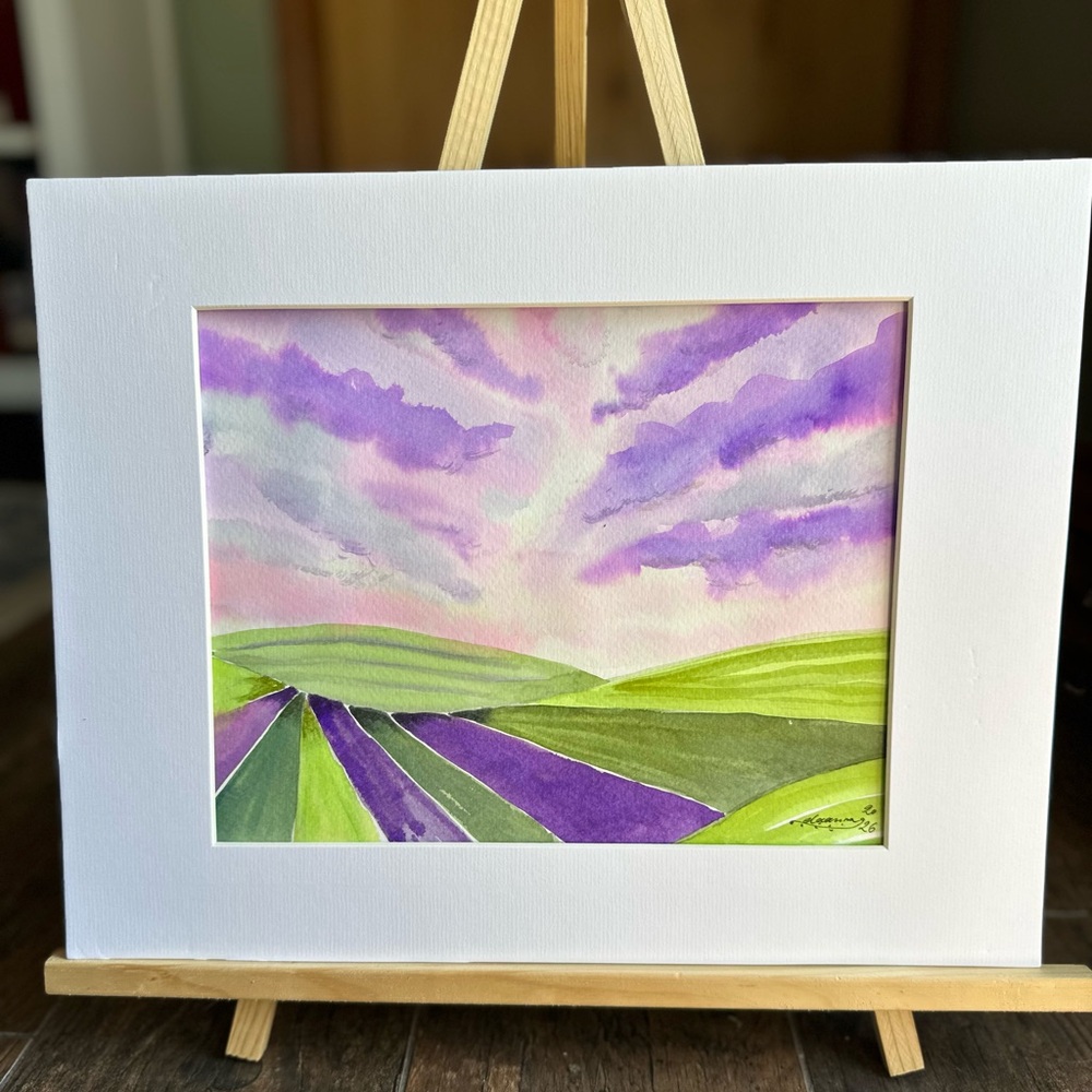 Hand-Made New Watercolor Art Purple Fields